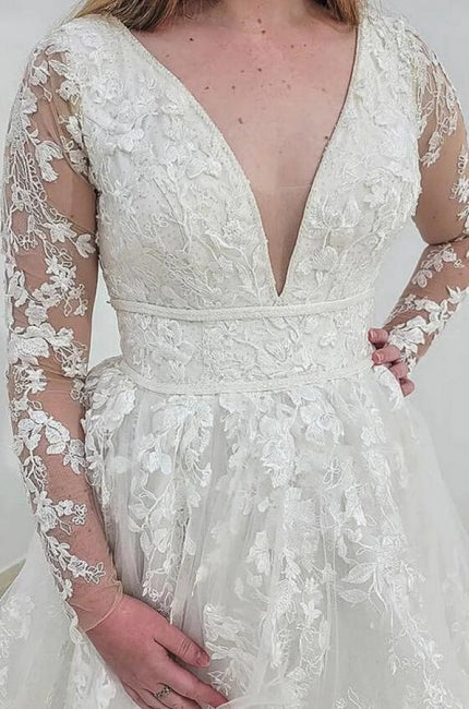 Classy Long Sleeves V-Neck Garden Lace A-Line Wedding Dresses - Image 3