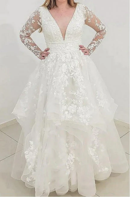 Classy Long Sleeves V-Neck Garden Lace A-Line Wedding Dresses - Image 4