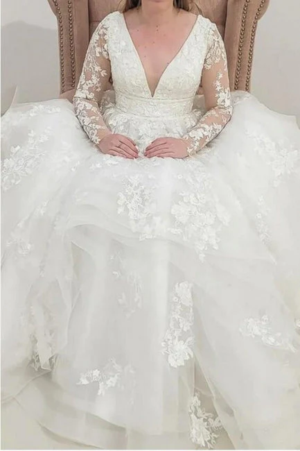 Classy Long Sleeves V-Neck Garden Lace A-Line Wedding Dresses - Image 5