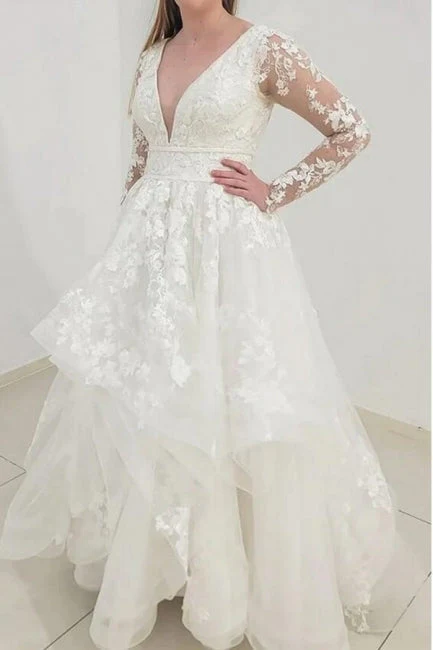 Classy Long Sleeves V-Neck Garden Lace A-Line Wedding Dresses - Image 6