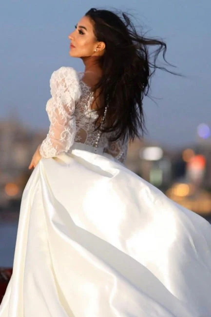 Classy Long Sleeves V-neck Satin Wedding Dresses with Lace - Image 2
