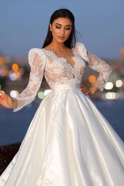 Classy Long Sleeves V-neck Satin Wedding Dresses with Lace - Image 3