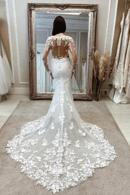 Beautiful Long White Mermaid Lace Wedding Dresses with Long Sleeves - Image 2