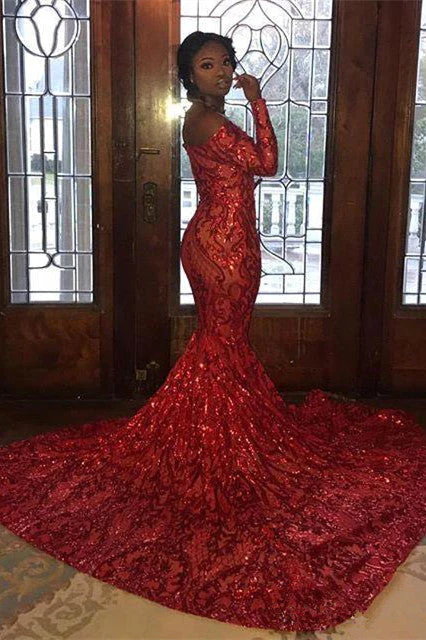 Charming Mermaid Off-the-Shoulder Long Sleevess Prom Dresses Sequins Party Gowns - Image 2