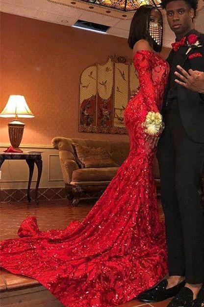 Charming Mermaid Off-the-Shoulder Long Sleevess Prom Dresses Sequins Party Gowns - Image 3