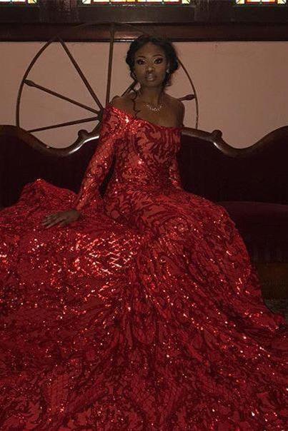 Charming Mermaid Off-the-Shoulder Long Sleevess Prom Dresses Sequins Party Gowns - Image 4