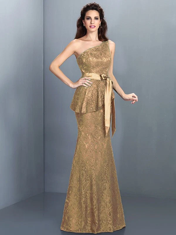 Mermaid Gorgeous One Shoulder Lace Sleeveless Long Lace Bridesmaid Dresses - Image 12