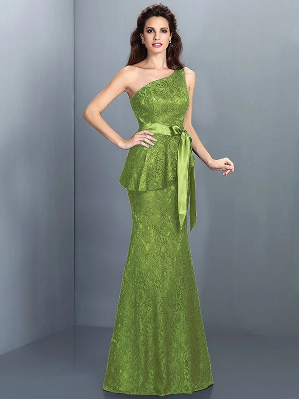Mermaid Gorgeous One Shoulder Lace Sleeveless Long Lace Bridesmaid Dresses - Image 14