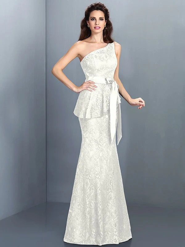 Mermaid Gorgeous One Shoulder Lace Sleeveless Long Lace Bridesmaid Dresses - Image 16