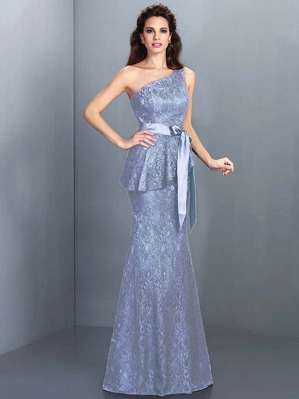 Mermaid Gorgeous One Shoulder Lace Sleeveless Long Lace Bridesmaid Dresses - Image 17
