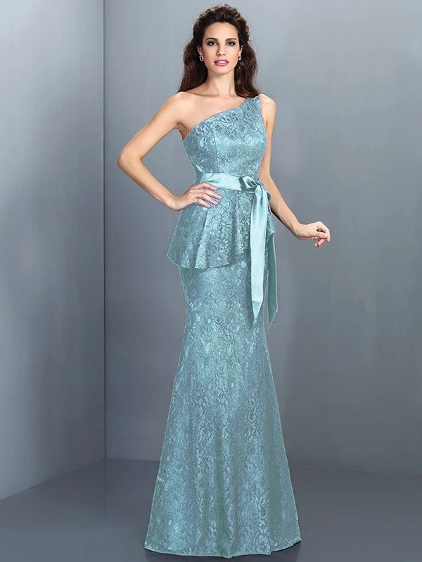 Mermaid Gorgeous One Shoulder Lace Sleeveless Long Lace Bridesmaid Dresses - Image 18