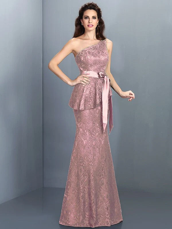 Mermaid Gorgeous One Shoulder Lace Sleeveless Long Lace Bridesmaid Dresses - Image 21