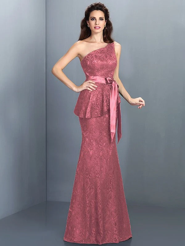 Mermaid Gorgeous One Shoulder Lace Sleeveless Long Lace Bridesmaid Dresses - Image 28