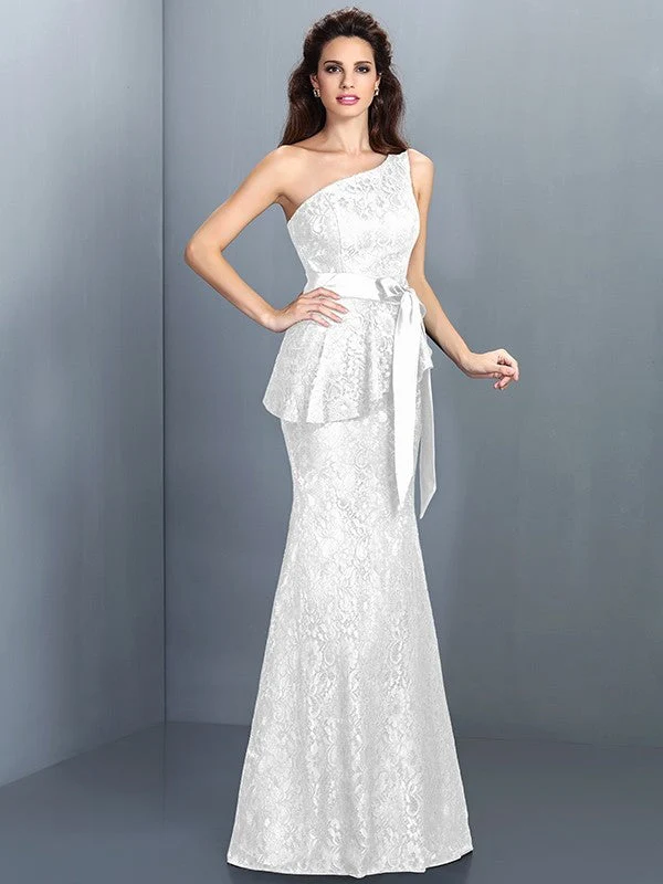 Mermaid Gorgeous One Shoulder Lace Sleeveless Long Lace Bridesmaid Dresses - Image 29