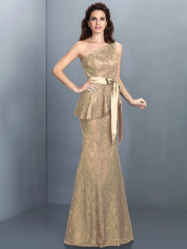 Mermaid Gorgeous One Shoulder Lace Sleeveless Long Lace Bridesmaid Dresses - Image 6