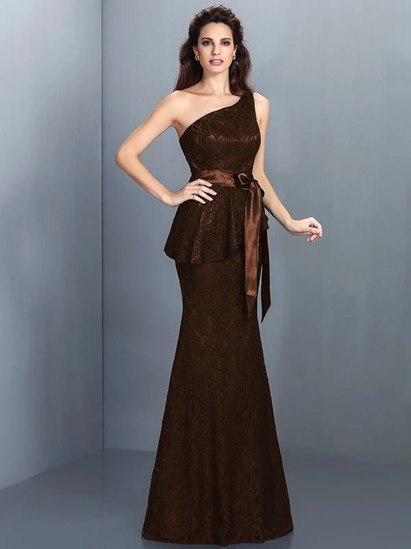 Mermaid Gorgeous One Shoulder Lace Sleeveless Long Lace Bridesmaid Dresses - Image 7