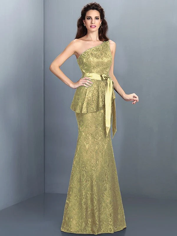 Mermaid Gorgeous One Shoulder Lace Sleeveless Long Lace Bridesmaid Dresses - Image 8