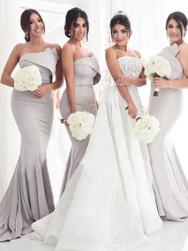 Mermaid Gorgeous Satin Ruffles Strapless Sleeveless Bridesmaid Dresses - Image 2