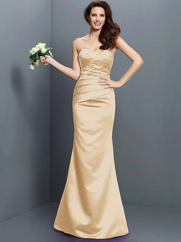 Mermaid Gorgeous Strapless Pleats Sleeveless Long Satin Bridesmaid Dresses - Image 11