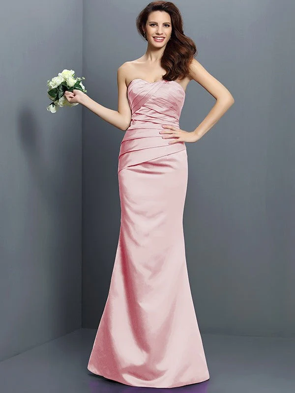 Mermaid Gorgeous Strapless Pleats Sleeveless Long Satin Bridesmaid Dresses - Image 22