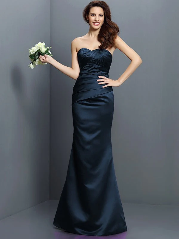 Mermaid Gorgeous Strapless Pleats Sleeveless Long Satin Bridesmaid Dresses - Image 8
