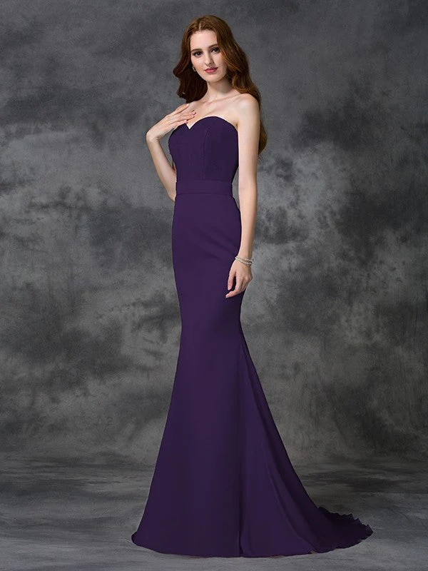 Mermaid Gorgeous Sweetheart Beading Sleeveless Long Satin Chiffon Bridesmaid Dresses - Image 11