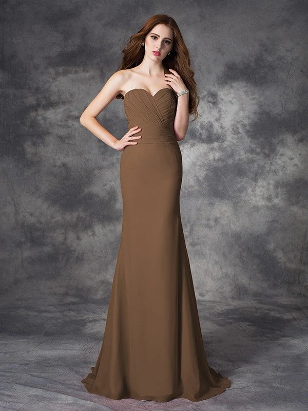 Mermaid Gorgeous Sweetheart Ruched Sleeveless Long Chiffon Bridesmaid Dresses - Image 4