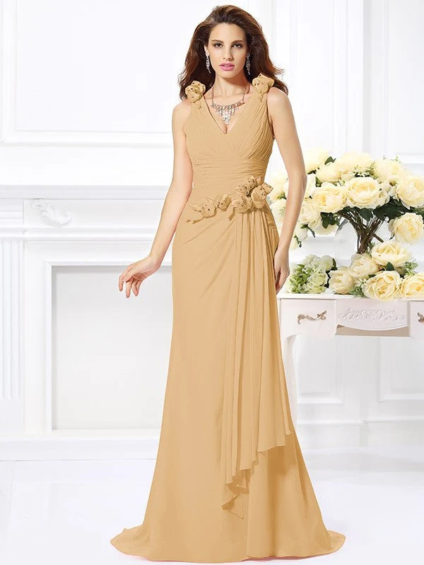 Mermaid Gorgeous V-neck Hand-Made Flower Sleeveless Long Chiffon Bridesmaid Dresses - Image 11