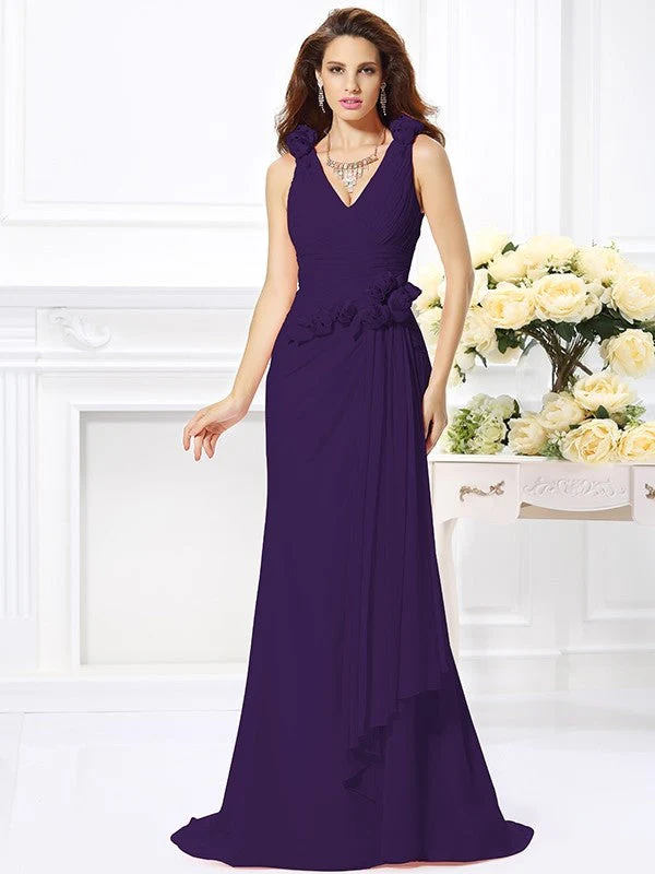 Mermaid Gorgeous V-neck Hand-Made Flower Sleeveless Long Chiffon Bridesmaid Dresses - Image 12