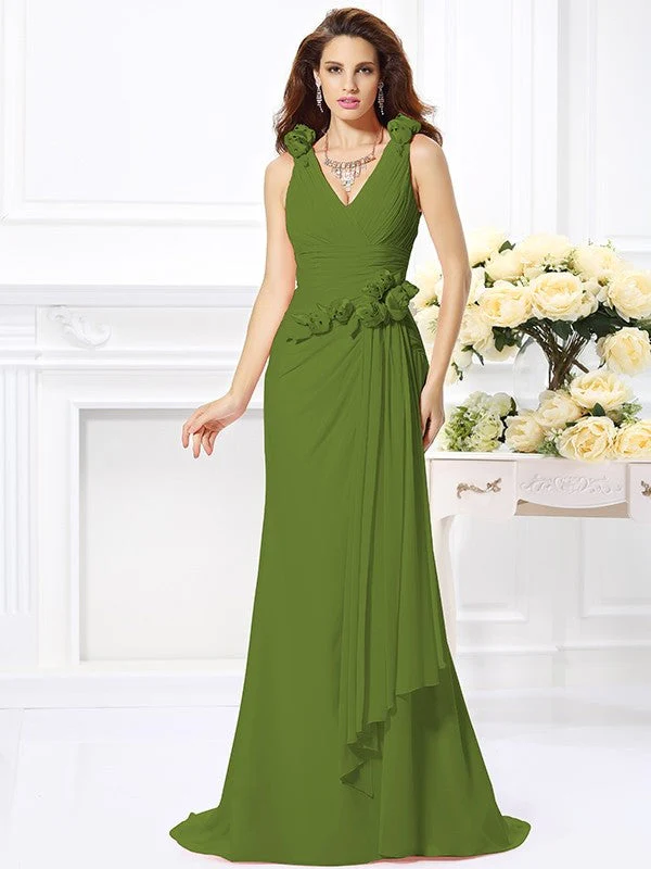 Mermaid Gorgeous V-neck Hand-Made Flower Sleeveless Long Chiffon Bridesmaid Dresses - Image 13