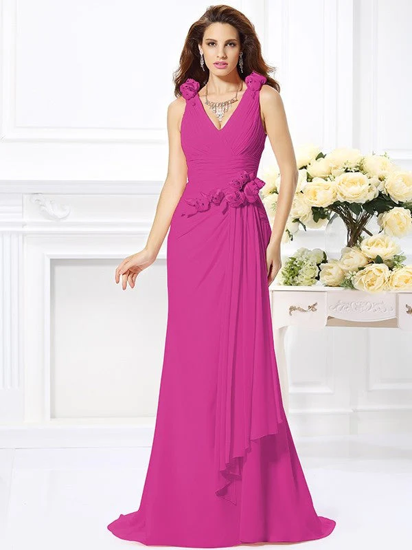 Mermaid Gorgeous V-neck Hand-Made Flower Sleeveless Long Chiffon Bridesmaid Dresses - Image 14