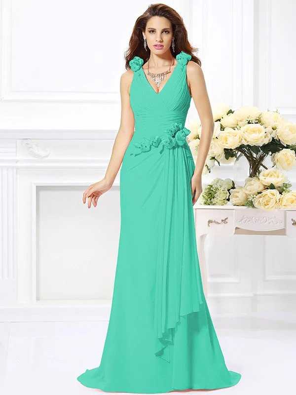 Mermaid Gorgeous V-neck Hand-Made Flower Sleeveless Long Chiffon Bridesmaid Dresses - Image 15