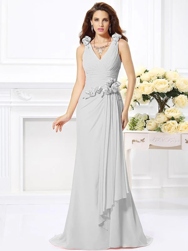 Mermaid Gorgeous V-neck Hand-Made Flower Sleeveless Long Chiffon Bridesmaid Dresses - Image 16