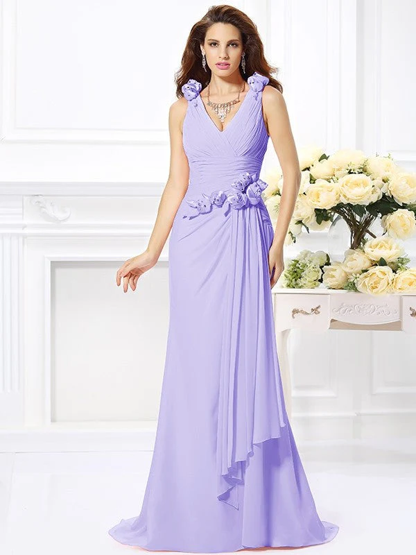 Mermaid Gorgeous V-neck Hand-Made Flower Sleeveless Long Chiffon Bridesmaid Dresses - Image 19