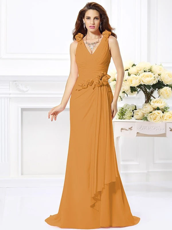Mermaid Gorgeous V-neck Hand-Made Flower Sleeveless Long Chiffon Bridesmaid Dresses - Image 20