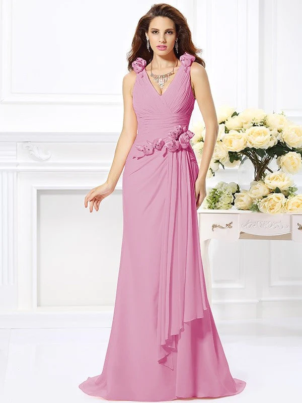 Mermaid Gorgeous V-neck Hand-Made Flower Sleeveless Long Chiffon Bridesmaid Dresses - Image 21