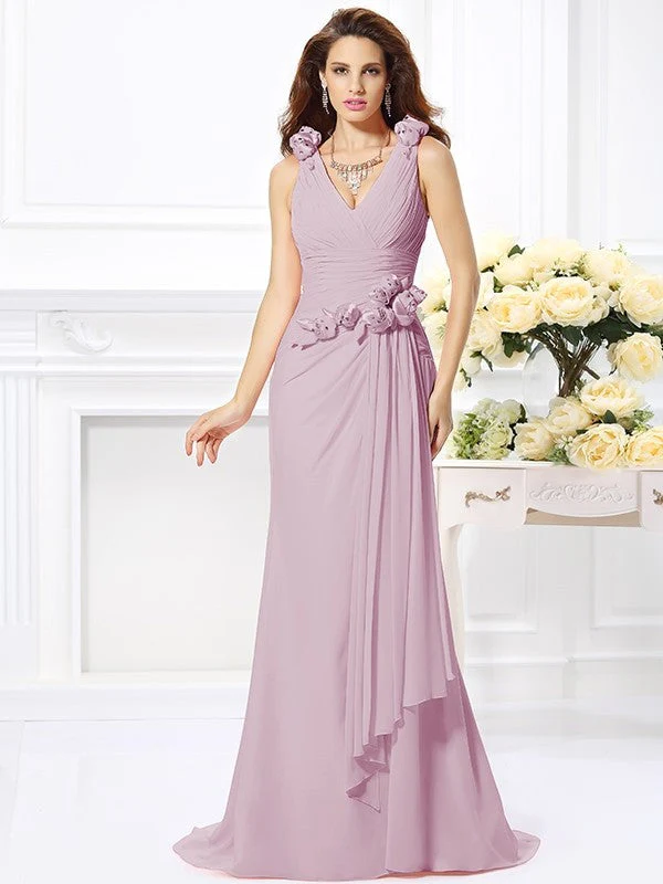 Mermaid Gorgeous V-neck Hand-Made Flower Sleeveless Long Chiffon Bridesmaid Dresses - Image 22