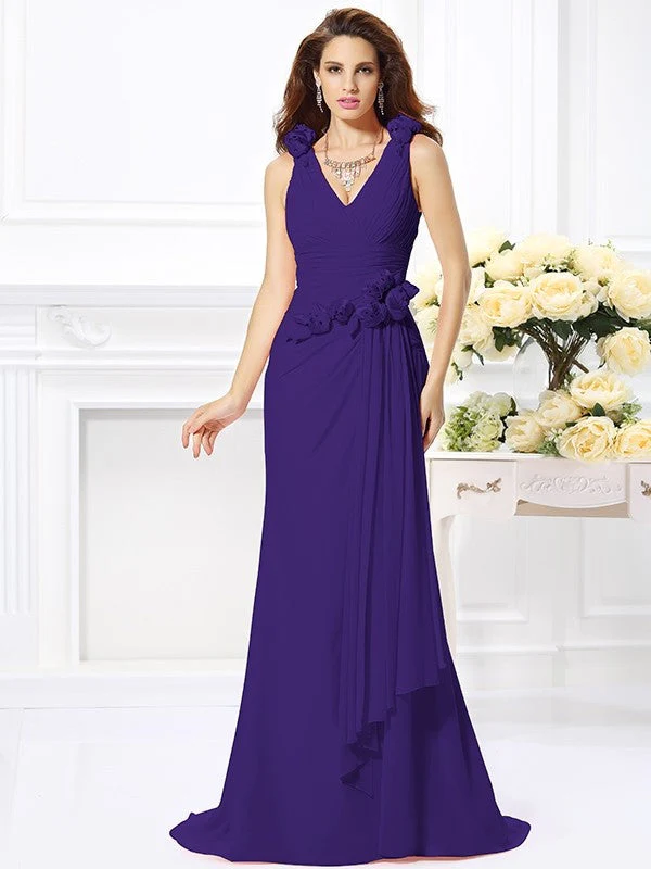 Mermaid Gorgeous V-neck Hand-Made Flower Sleeveless Long Chiffon Bridesmaid Dresses - Image 23