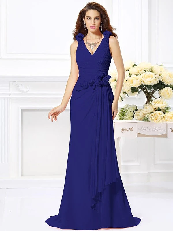 Mermaid Gorgeous V-neck Hand-Made Flower Sleeveless Long Chiffon Bridesmaid Dresses - Image 24