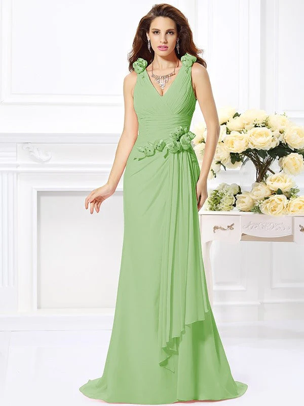 Mermaid Gorgeous V-neck Hand-Made Flower Sleeveless Long Chiffon Bridesmaid Dresses - Image 25