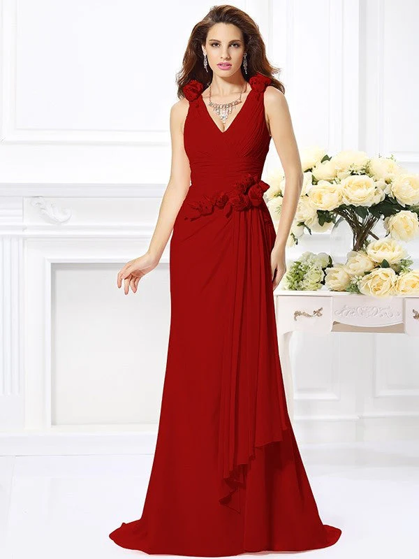 Mermaid Gorgeous V-neck Hand-Made Flower Sleeveless Long Chiffon Bridesmaid Dresses - Image 26