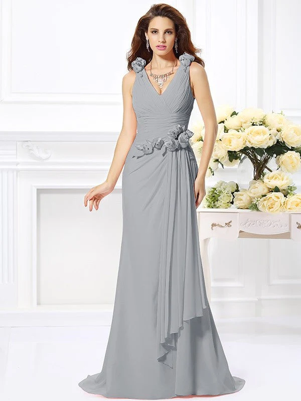 Mermaid Gorgeous V-neck Hand-Made Flower Sleeveless Long Chiffon Bridesmaid Dresses - Image 27