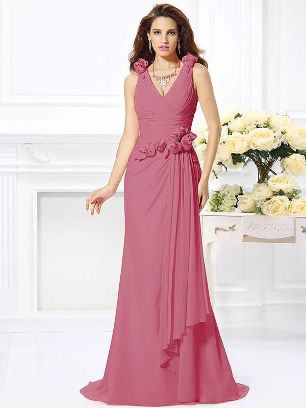 Mermaid Gorgeous V-neck Hand-Made Flower Sleeveless Long Chiffon Bridesmaid Dresses - Image 28