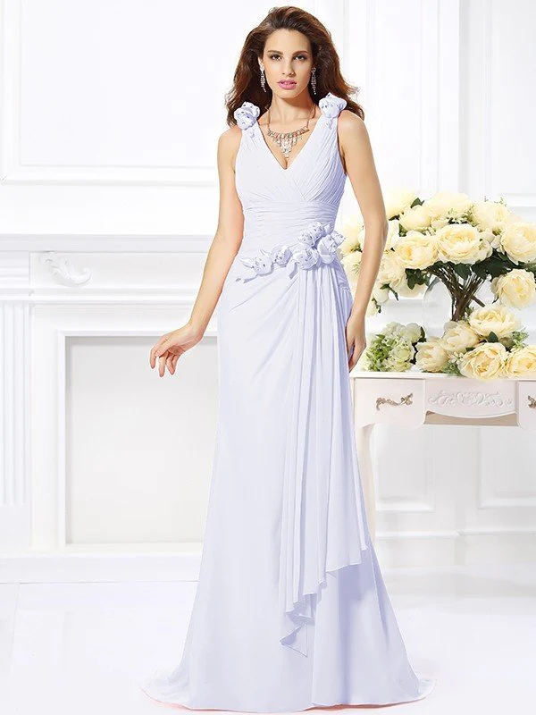 Mermaid Gorgeous V-neck Hand-Made Flower Sleeveless Long Chiffon Bridesmaid Dresses - Image 29