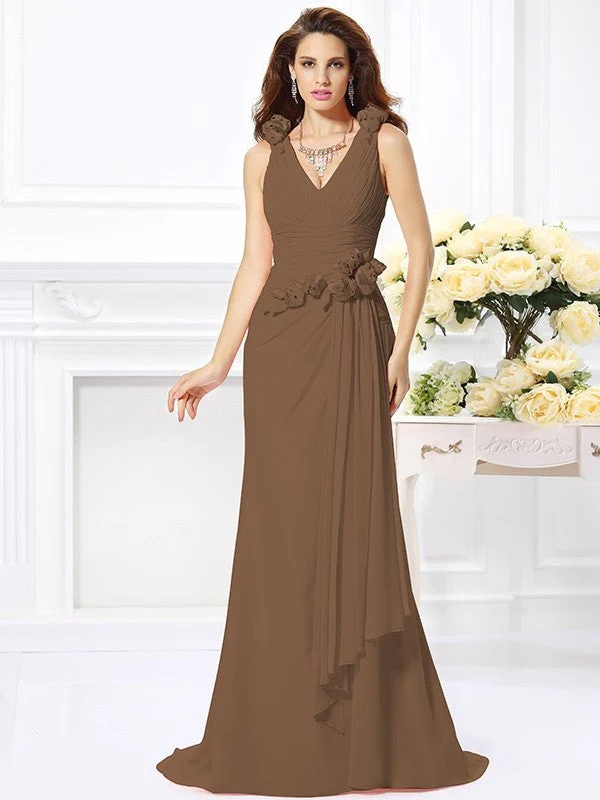 Mermaid Gorgeous V-neck Hand-Made Flower Sleeveless Long Chiffon Bridesmaid Dresses - Image 3