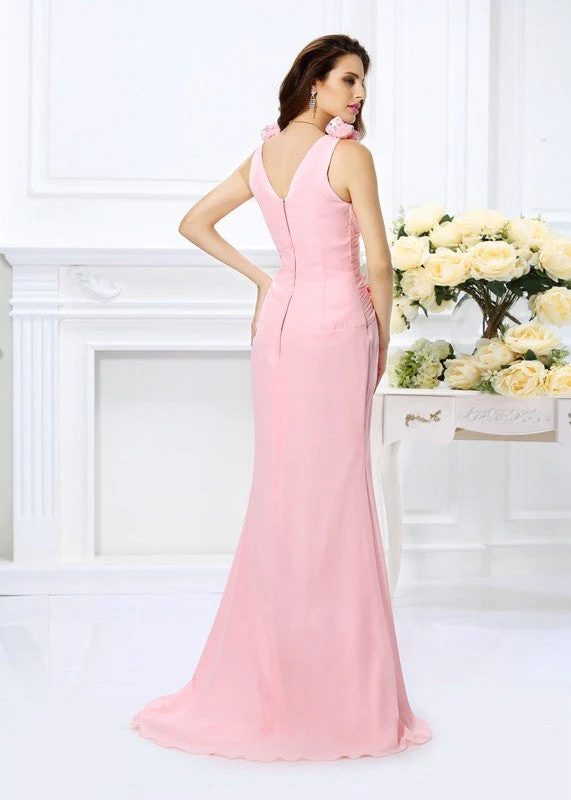 Mermaid Gorgeous V-neck Hand-Made Flower Sleeveless Long Chiffon Bridesmaid Dresses - Image 30