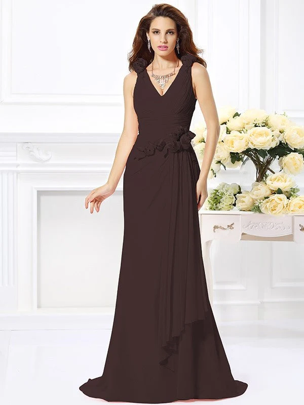 Mermaid Gorgeous V-neck Hand-Made Flower Sleeveless Long Chiffon Bridesmaid Dresses - Image 5