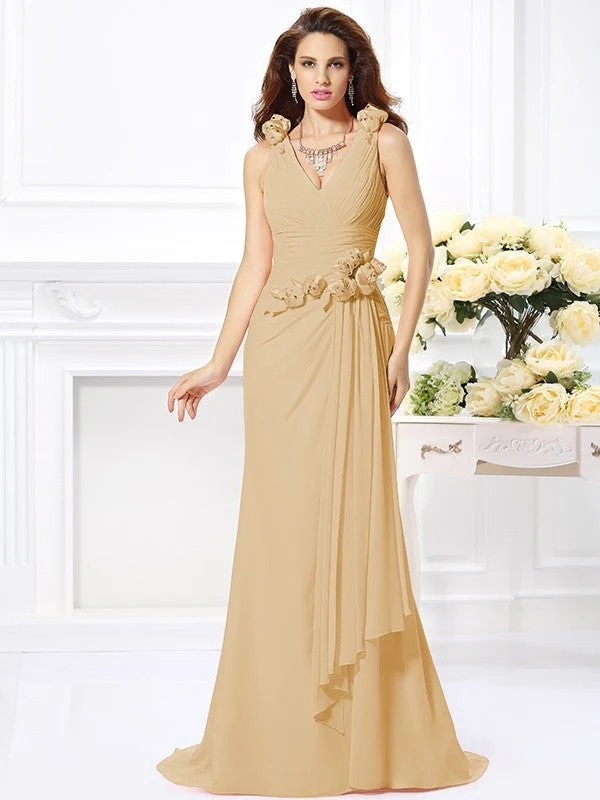 Mermaid Gorgeous V-neck Hand-Made Flower Sleeveless Long Chiffon Bridesmaid Dresses - Image 6