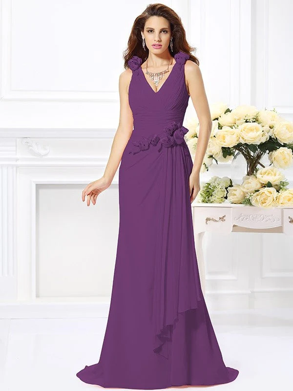 Mermaid Gorgeous V-neck Hand-Made Flower Sleeveless Long Chiffon Bridesmaid Dresses - Image 7