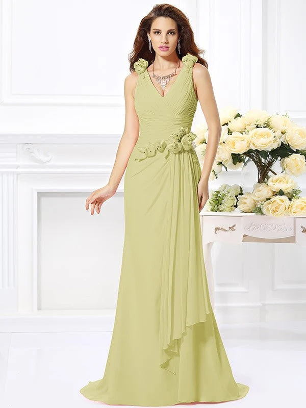 Mermaid Gorgeous V-neck Hand-Made Flower Sleeveless Long Chiffon Bridesmaid Dresses - Image 8